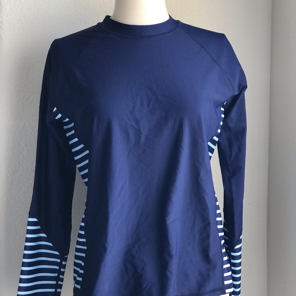 New Long Sleeve Blue Colorblock Rashguard Womens sz Med Swim Top Activewear Top